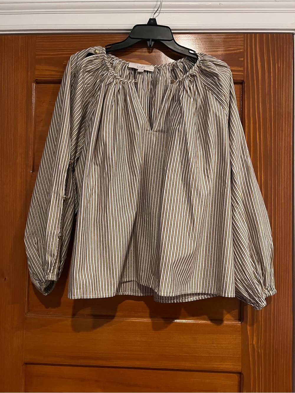 LOFT Purple, Gold and White Striped Peasant Blouse
